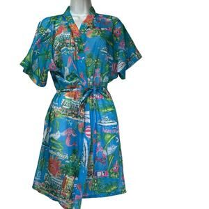 Happier Florida Tropical Travel Cruise wear Map Kimono Robe Belted Cover Up OS